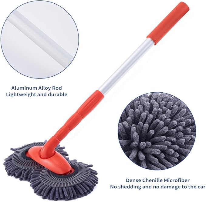 Shkalacar Microfiber Car Wash Brush Mop Kit, Rotatable Dual Head Telescopic Chenille Cleaning Mop, with Extension Pole Car Wash Brush Telescoping Cleaning Tool Duster Washing Car Tools Accessories