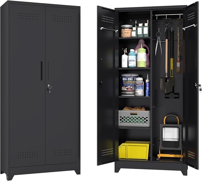 73" H Garage Storage Cabinet,Broom Closet Storage Cabinet with Adjust Shelves,Utility Cabinet,Utility Closet for Garage,Office,Black