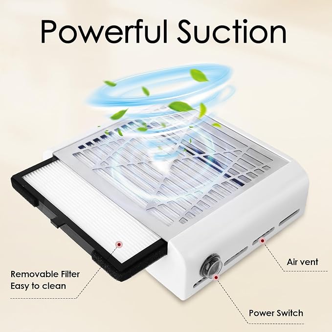 CoFashion Nail Dust Collector for Nails Dust Remove, Nail Acrylic Dust Collector Powerful Nail Duster Collector, One-Button Control Nail Duster Collector Filter White Manicure Vacuum with a Brush