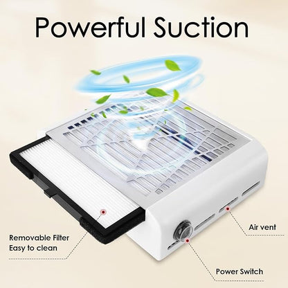 CoFashion Nail Dust Collector for Nails Dust Remove, Nail Acrylic Dust Collector Powerful Nail Duster Collector, One-Button Control Nail Duster Collector Filter White Manicure Vacuum with a Brush