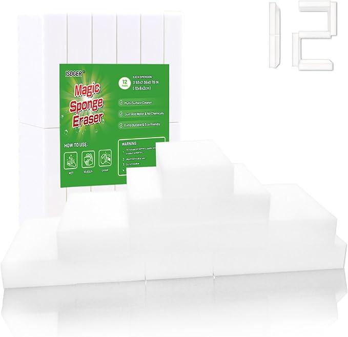 Magic Melamine Sponge Eraser, GRS Certified 12 Pack Disposable Magic Cleaning Erasers in Bulk, No Scratch & Super Absorbent, Multi-Functional Melamine Foam Sponges for Bathroom Window Shoes Kitchen