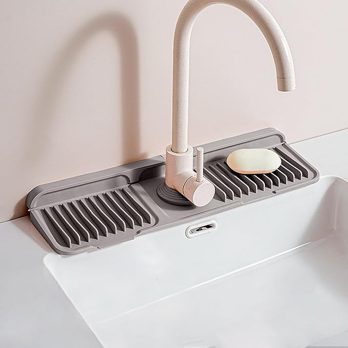 17" Silicone Faucet Handle Drip Catcher Tray,7° Sloped Self Draining Mat with Snap-on Design & Soap Holder, Sink Splash Guard for Kitchen & Bathroom, Trim-to-Fit Opening