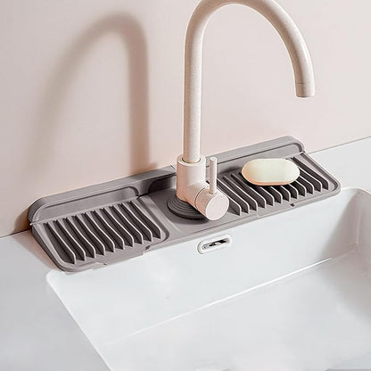 17" Silicone Faucet Handle Drip Catcher Tray,7° Sloped Self Draining Mat with Snap-on Design & Soap Holder, Sink Splash Guard for Kitchen & Bathroom, Trim-to-Fit Opening