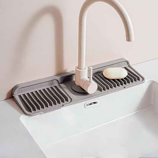 17" Silicone Faucet Handle Drip Catcher Tray,7° Sloped Self Draining Mat with Snap-on Design & Soap Holder, Sink Splash Guard for Kitchen & Bathroom, Trim-to-Fit Opening