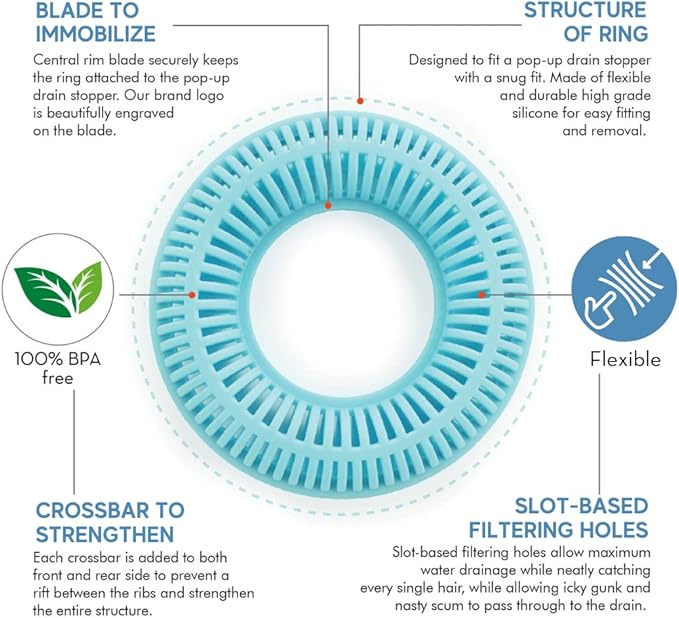Hair Catcher for Shower Drain & Bathtub – TubRing Pop-Up Drain Protector & Strainer, Reusable Silicone Stopper for Bathroom Clog Prevention, Fits 1.85"–2.16" Drains | Aqua