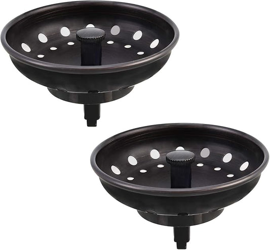 KONE Kitchen Sink Stopper and Strainer 2 Pack Oil Rubbed Bronze Sink Basket Strainer Replacement for Standard 3-1/2 inch Drain, Stainless Steel ORB Body Metal Center Knob with Rubber Drain Stopper