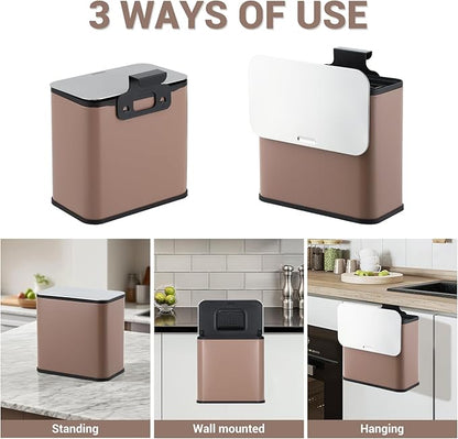 GarveeHome 1.3 gal/5L Countertop Compost Bin with Lid, Hanging Small Trash Can with Odor Control Charcoal Filter ＆ Bucket Under Sink for Kitchen, Hanging/Wall Mounted/Standing Food Waste Bin, Brown