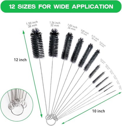 Brush Family Straw Cleaner Brush Set,12 Pieces Extra Long Pipe Water Bottle Brushes for Cleaning Reusable Drinking Straws,Bird Feeders,Pipes,Black (12pcs Different diameters Set)