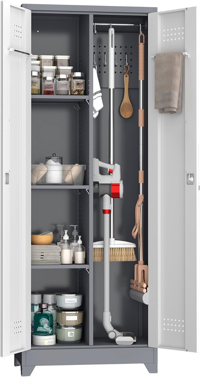 Metal Storage Cabinet with Lockable Doors, 65" Steel Utility Cabinet for Garage & Home Office, Tall Broom Closet with Adjustable Shelves, Vents & Cable Hole for Tools, White/Grey