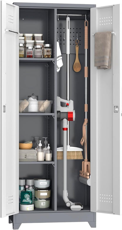 Metal Storage Cabinet with Lockable Doors, 65" Steel Utility Cabinet for Garage & Home Office, Tall Broom Closet with Adjustable Shelves, Vents & Cable Hole for Tools, White/Grey