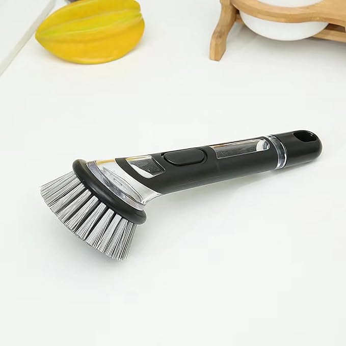 Soap Dispensing Dish Brush with Long Handle, Kitchen Scrub Brush for Pots, Pans, Sink and Dishes, Round, 9.25in, Plastic and Nylon Bristles (Gray)