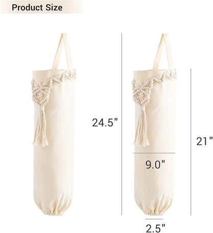 Mkono 2 Pack Macrame Plastic Bag Holder Grocery Bags Organizer Trash Bag Dispenser Camper Boho Decor Shopping Bag Storage for Kitchen Closet Pantry Laundry Room, Ivory, 9”W x 21”L