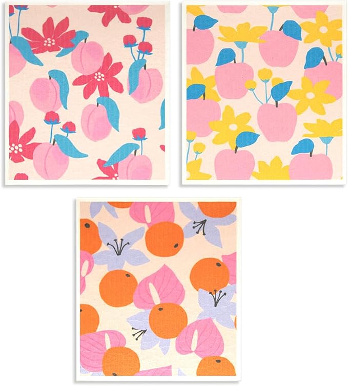 6 - Pack Swedish Kitchen Dish Cloths - Reusable Paper Towels for Counters & Dishes - Eco Friendly Cellulose Sponge Cloth (Fruit Plants)