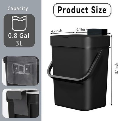 Compost Bin Kitchen, for use on Countertops or Under Sinks, Hanging Trash Can with Lid, Mountable Indoor Compost Bucket, for Cupboard/Bathroom/Bedroom/Office/Camping (Black 0.8 Gallon/3L)