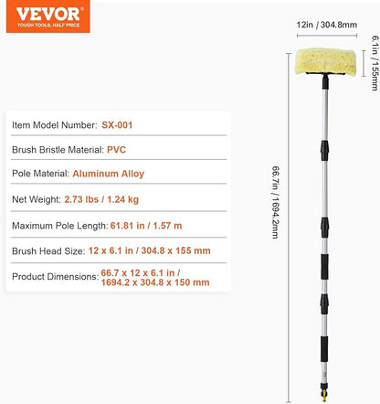 VEVOR Car Wash Brush, 66.7-Inch Extendable Car Washing Brush with Long Handle, 12" Scratch-Free Soft PVC Bristle Head, Flow-Thru Car Cleaning Mop Kit with Water Hose Attachment for Car RV Boat