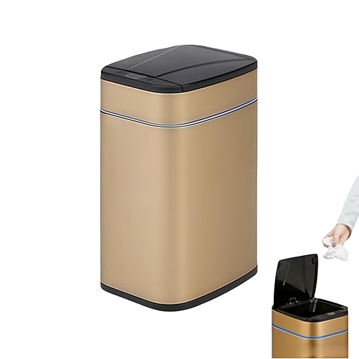 Garbage Can with Lid, Intelligent Sensor Opening and Closing, Small Garbage Can for Living Room, Bedroom, Kitchen and Bathroom (1, Square Gold)