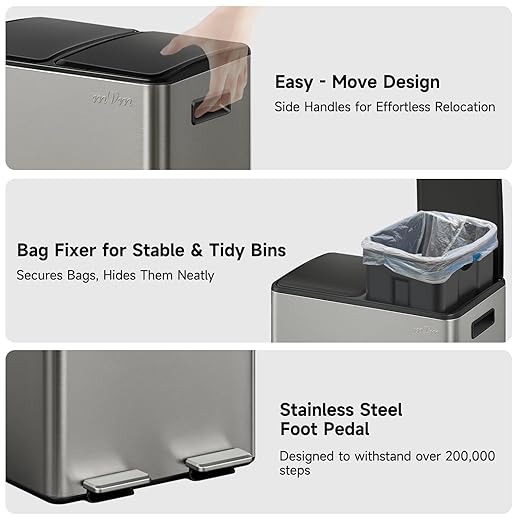 mVm 16(2X8) Gal Dual Trash Can, 2 Compartment Trash Can with Light Lids, Recycling Bin for Kitchen Home Office (Gray)