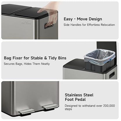 mVm Kitchen Trash Can, 10.6(2x5.3) Gal Dual Trash Can with ABS Lids, 2 Compartment Stainless Steel Recycle Bin for Home Kitchen Office (Gray)