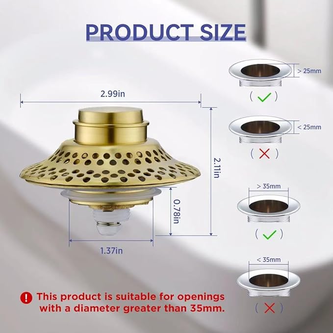 Universal Bathtub Drain Stopper with Removable Hair Catcher, 3-in-1 Pop-up Drain Plug Fits 1.38 to 2.1 Inch Holes, Upgrade Shower Drain Cover with Stainless Steel Filter