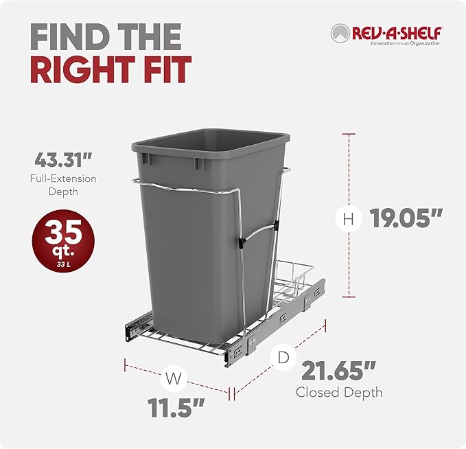Rev-A-Shelf Single 35 Qt Pullout Trash Can for Base Kitchen Cabinets, Garbage Waste Bin System with Full Extension Slides, Min Opening Width of 11.5", Metallic Silver, RV-12KD-17C S