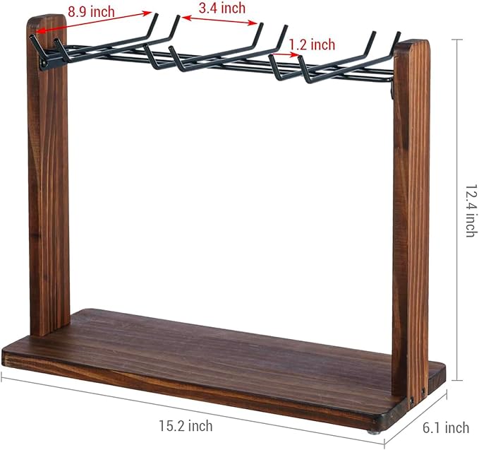 MyGift Tabletop Wine Glass Drying Rack, Champagne Flute Holder, Countertop Stemware Stand for Goblets, Modern Burnt Brown Solid Wood and Matte Black Metal Wire