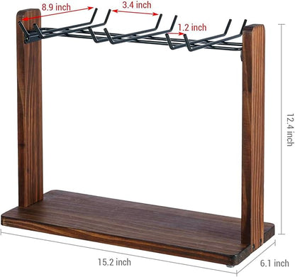 MyGift Tabletop Wine Glass Drying Rack, Champagne Flute Holder, Countertop Stemware Stand for Goblets, Modern Burnt Brown Solid Wood and Matte Black Metal Wire