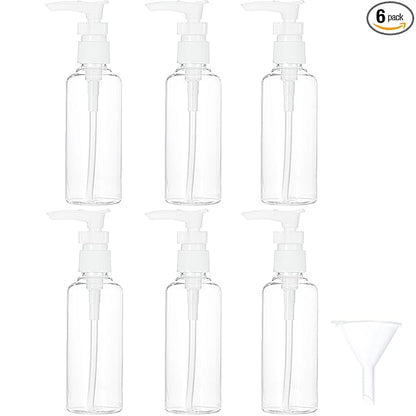 TecUnite 6 Pack Small Pump Bottles Clear Travel Bottle Plastic Empty Spray Dispenser Hand Lotion Sanitizer Refillable Accessories Set with Small Funnel for Flight, Airport, Holiday(100 ml,White)