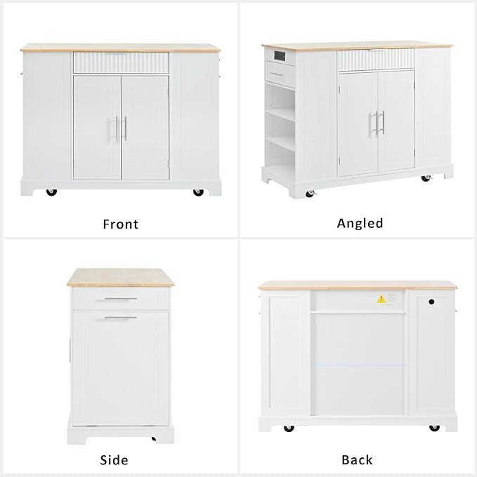 48.5" Kitchen Island with Trash Can Storage Cabinet, Power Outlet, Internal Storage Rack, Rolling Kitchen Islands Cart on 5 Wheels with 3 Drawers, 3 Open Side Racks, White