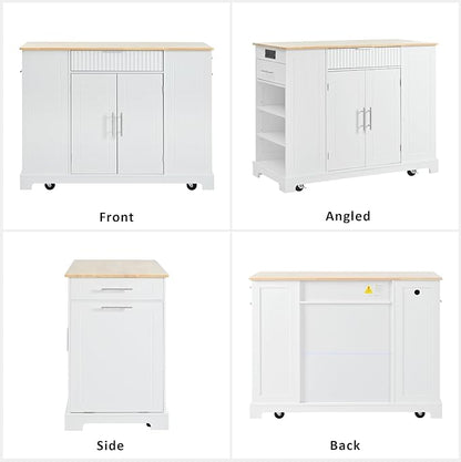 48.5" Kitchen Island with Trash Can Storage Cabinet, Power Outlet, Internal Storage Rack, Rolling Kitchen Islands Cart on 5 Wheels with 3 Drawers, 3 Open Side Racks, White