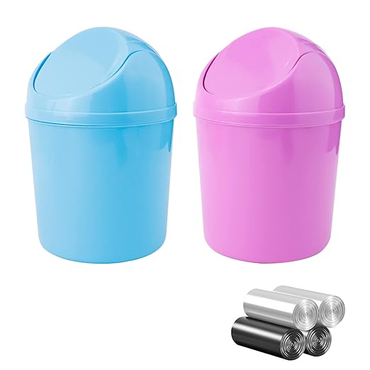 SITAKE 2 Pcs Plastic Mini Wastebasket Trash Can with Swing Lid with 120 Trash Bags, Tiny Desktop Waste Garbage Bin for Home, Office, Kitchen, Vanity Tabletop, Bedroom, Bathroom (Blue + Purple)