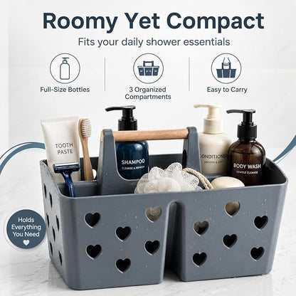 NINU Gray Portable Shower Caddy with Wooden Handle, Large Plastic Shower Basket Tote with 3 Compartments & Drain Holes, Bathroom Organizer for College Dorm, Gym, Camping, Vanity