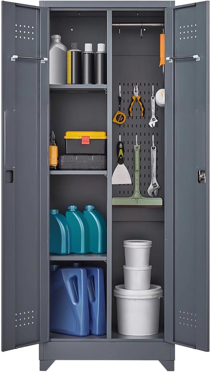 65" H Metal Broom Closet Storage Cabinet, Freestanding Garage Storage Cabinet with Hanging Rod and Locking Doors, Bathroom Storage Cabinet, Cleaning Tool Cabinet for Garage Patio Garden, Grey