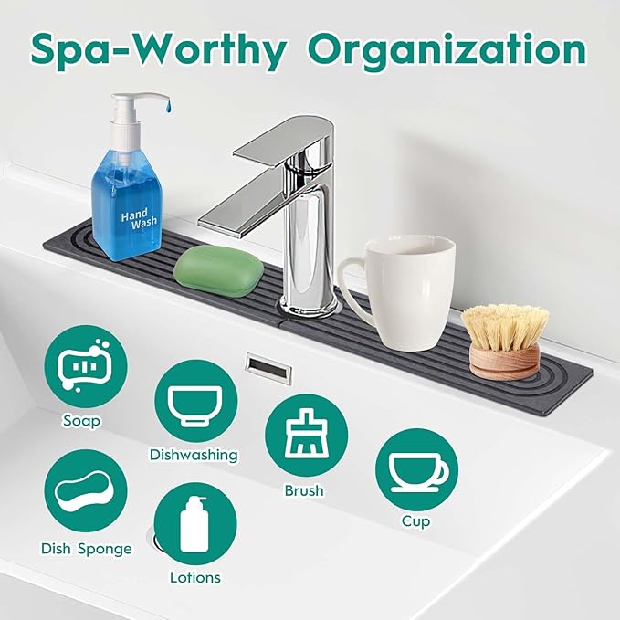 24 Inch Stone Faucet Mat for Kitchen Sink,Kitchen Sink Splash Guard-Water Absorbing Stone Tray for Sink,Super Absorbent, Diatomite Protector with Drainage for Kitchen Bathroom Counter(Dark Grey）