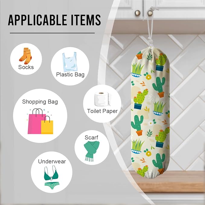 Plants Plastic Bag Holder, Cactus Fabric Garbage Trash Bag Dispenser for Home Kitchen Pantry Cabinet, Reusable Washable Shopping Bags Storage Carrier, Wall Mount, Kitchen Housewarming Gifts