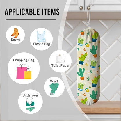 Plants Plastic Bag Holder, Cactus Fabric Garbage Trash Bag Dispenser for Home Kitchen Pantry Cabinet, Reusable Washable Shopping Bags Storage Carrier, Wall Mount, Kitchen Housewarming Gifts