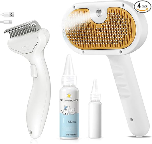3-in-1 Pet Steam Brush Set for Dogs & Cats, Grooming Comb with Spray, Defur Tool, Water-Assisted Hair Removal, Spritz Brush, Multi-Purpose Kit, Undercoat Rake, Deshedding Brushes, Dematting Brush.