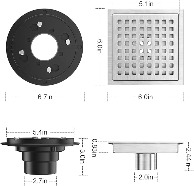 EXF 6 Inch Square Shower Drain Brushed Nickel, Stainless Steel Shower Floor Drain Kit with ABS Flange, Removable Grid Cover, Hair Strainer