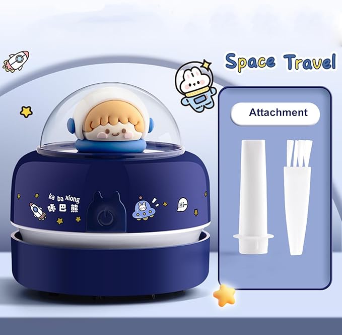 Mini Desktop Vacuum Cleaner Cute Cartoon Desktop Vacuum Cleaner for Kids Students Battery Powered Portable Mini Table Dust Sweeper 360-degree Rotatable Desk Duster Blue