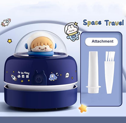 Mini Desktop Vacuum Cleaner Cute Cartoon Desktop Vacuum Cleaner for Kids Students Battery Powered Portable Mini Table Dust Sweeper 360-degree Rotatable Desk Duster Blue