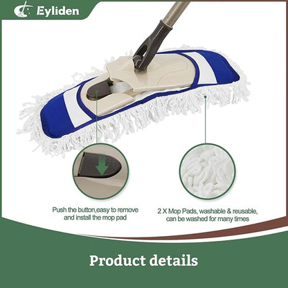 Eyliden Dust Mop with Reusable Washable Pads - One-Touch Pad Release, Height Adjustable Handle, Total 2 Mop Cloths, Wet Dry Mops for Floor Cleaning, Hardwood, Laminate, Tile Floor Push Dust Broom
