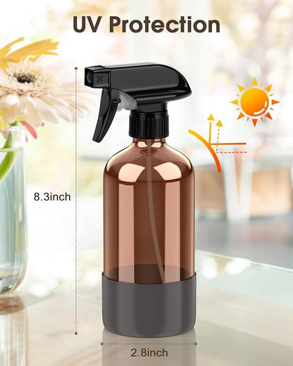 Bontip Glass Spray Bottle with Silicone Sleeve Protection, Amber Glass Spray Bottle Set for Window Cleaner Aromatherapy Facial Hydration Watering Flowers Hair Care 2 Pack/16 oz (Black & Grey, 16 oz)