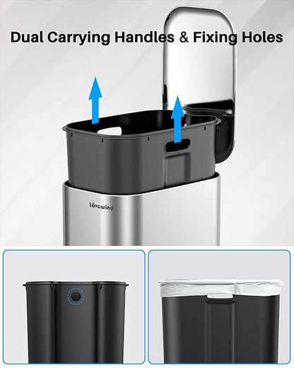 Lovewind Trash Can with Lid, 8 Gallon/30 L Footstep Garbage Can for Kitchen Bathroom Bedroom Home Office, 20 Liter Trash Bin Brushed Stainless Steel Waste Bin with Soft-Close Lid, Silver