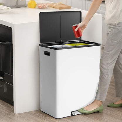 GAOMON Kitchen Dual Trash Can and Recycling Bin, 2 x 8 Gallon Stainless Steel Trash Can, 60 Liter, Removable Inner Bin and Soft Close Lid, Suitable for Home, Office, Business - White