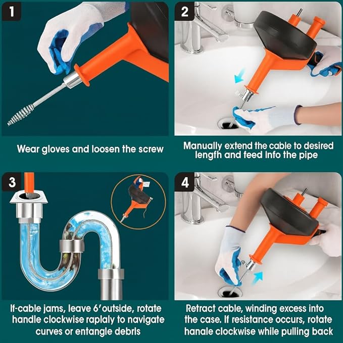 42 FT Drain Snake Hair Drain Clog Remover, Manual Or Powered, Plumbing Snake With Drill Adapte,Unclog Sink Drain Tool, Drain Auger for Toilet、Shower、Kitchen、Sink, No Auto Retract Or Feed, Orange