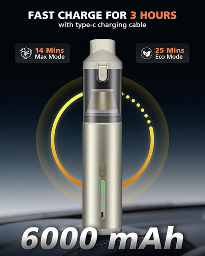 Car Vacuum Portable with 16000Pa Powerful Suction, Handheld Vacuum Cordless Rechargeable Blow & Suction 4 in 1, Small Vacuum Cleaner for Car, Outdoor, Home, Office (Gold Renew)