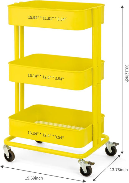3 Tier Rolling Cart Metal Heavy Duty Utility Cart with Silent Caster Lockable Wheel Multi-Functional Organization Carts Storage Trolley with Mesh Shelves for Office Kitchen Living Room Yellow