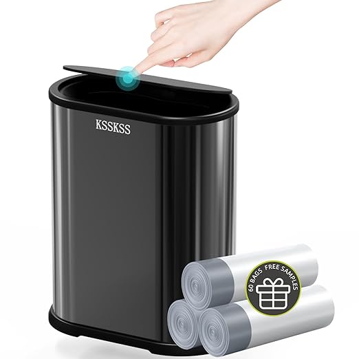 KSSKSS 1.8 Gallons Small Stainless Steel Trash Can with Press Type Lid, Slim Bathroom Garbage Bin, Removable Liner Bucket, Narrow Wastebasket with Pop-Up Lid for Bedroom,Toilet (Titanium Black)
