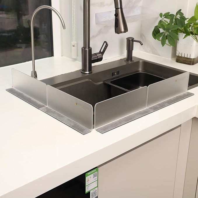 Sink Water Splash Guard, Suitable for Bathroom, Kitchen, Sink Countertop Lsland Partition - Clear Acrylic (Frosted) | Adhesive Magnetic Sheets Water Retaining Strip (8.86x1.2x3.35 in) (4pcs)