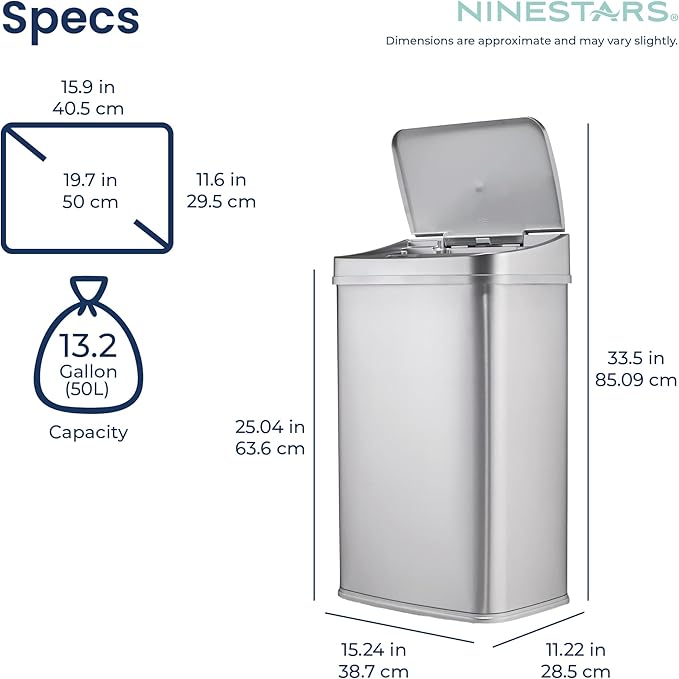 Ninestars 13 Gallon Automatic Trash Can, 50L Touchless Motion Sensor Garbage Can with Odor-Sealing Lid, Rectangular Stainless Steel, Silver Trim