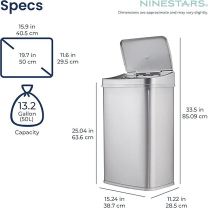 Ninestars 13 Gallon Automatic Trash Can, 50L Touchless Motion Sensor Garbage Can with Odor-Sealing Lid, Rectangular Stainless Steel, Silver Trim
